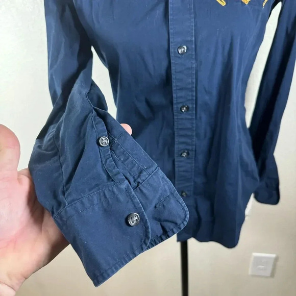 Ralph Lauren Sport Vtg Navy Embroidered Gold Crest Logo Button Up Blouse Size 4 - Picture 3 of 8